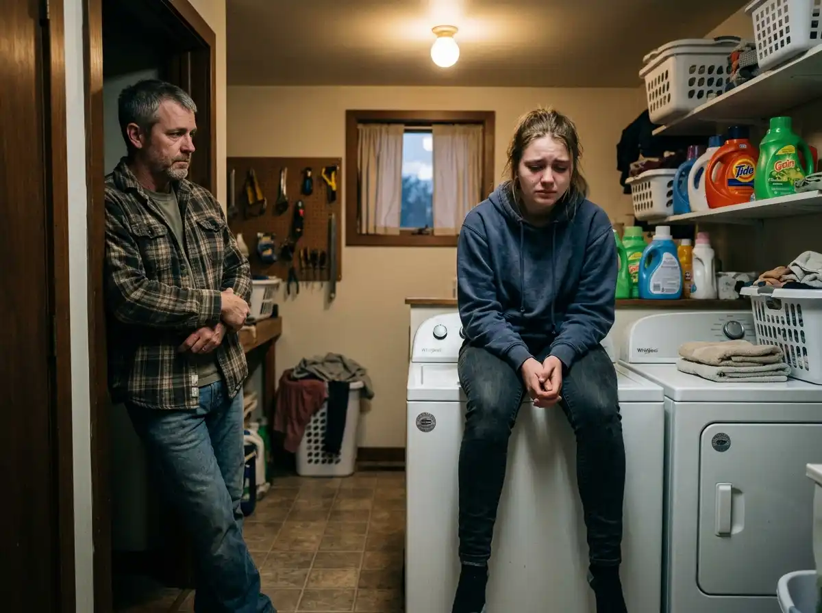 A teenage girl sitting on a dryer looking sad while talking to her father
