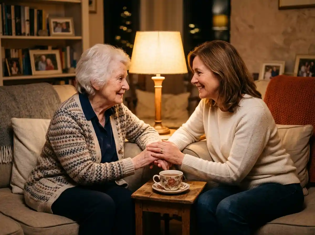 Laura and Margaret sitting together on a sofa holding hands
