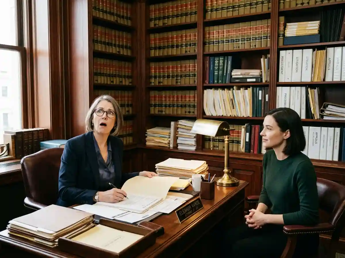 A lawyer looking shocked in a traditional office