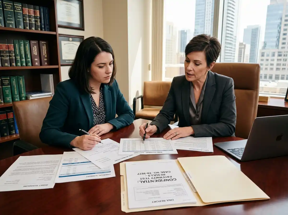 A woman and her lawyer looking over financial documents and a paternity test