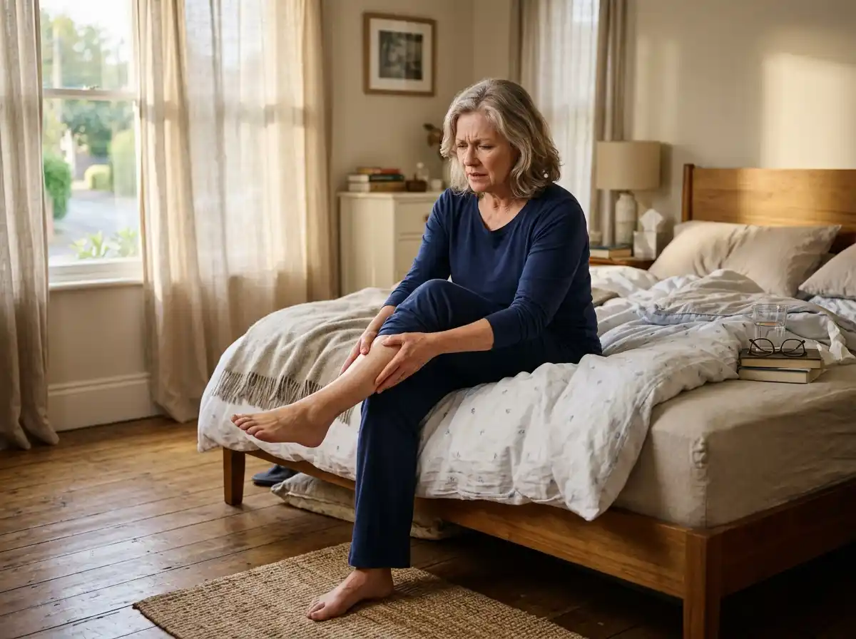 A woman sitting on her bed gently massaging her uncomfortable lower leg.
