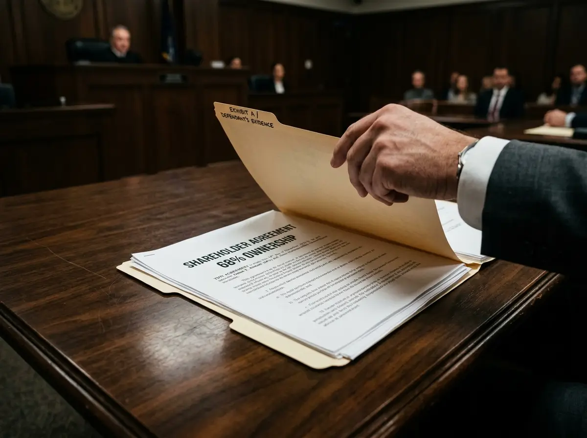 Lawyer revealing ownership documents in a courtroom