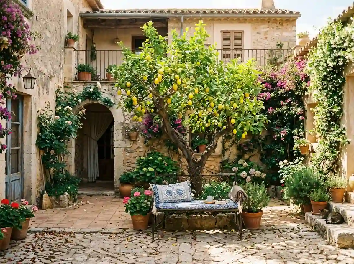 A peaceful courtyard with a crooked lemon tree and an old iron bench