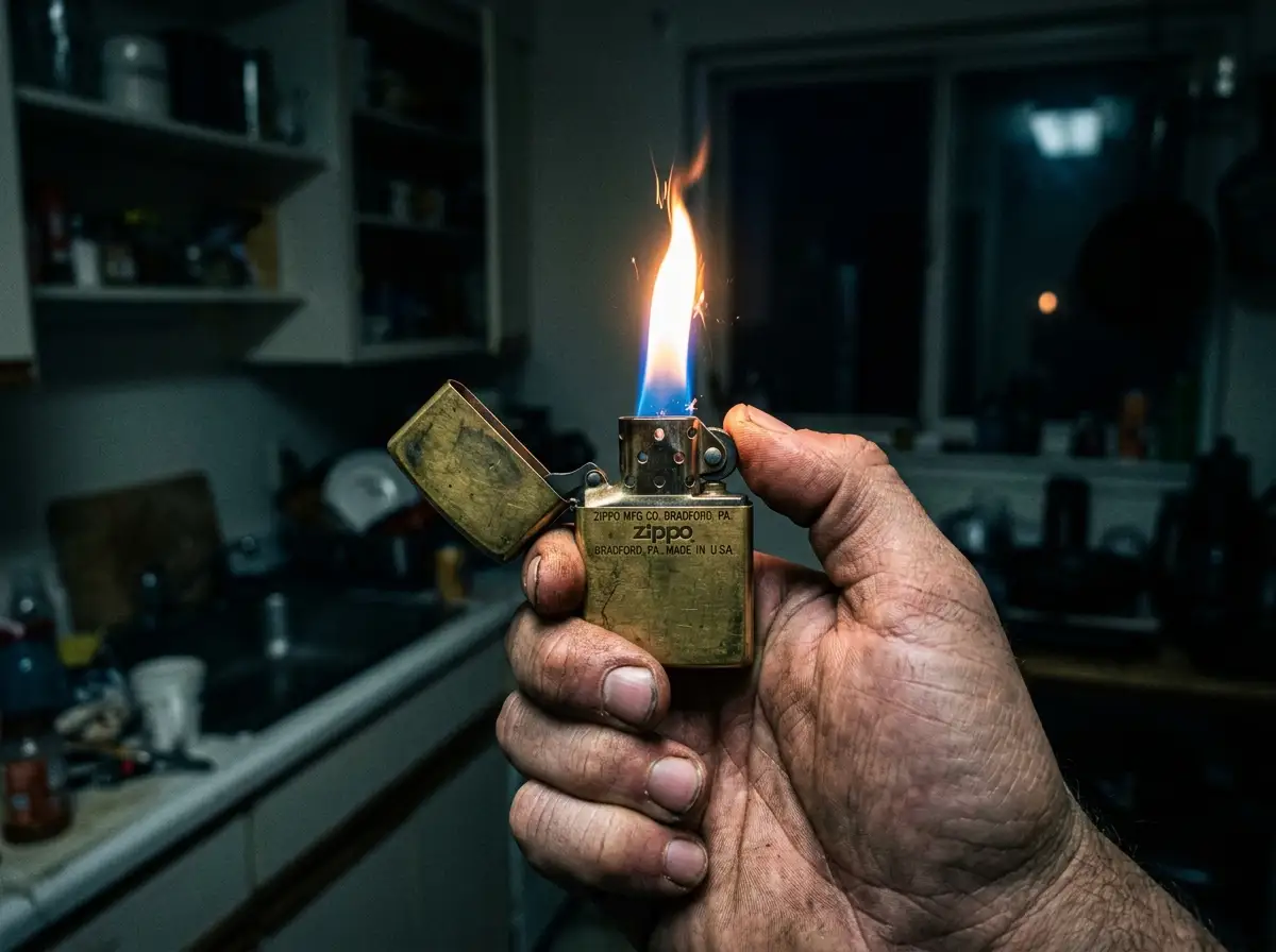 Close up of a hand holding an open lighter with a bright flame in a dark room
