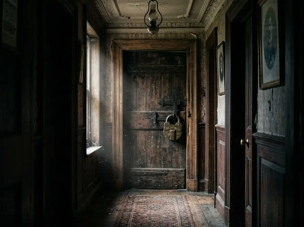 Heavy wooden attic door secured with a brass padlock