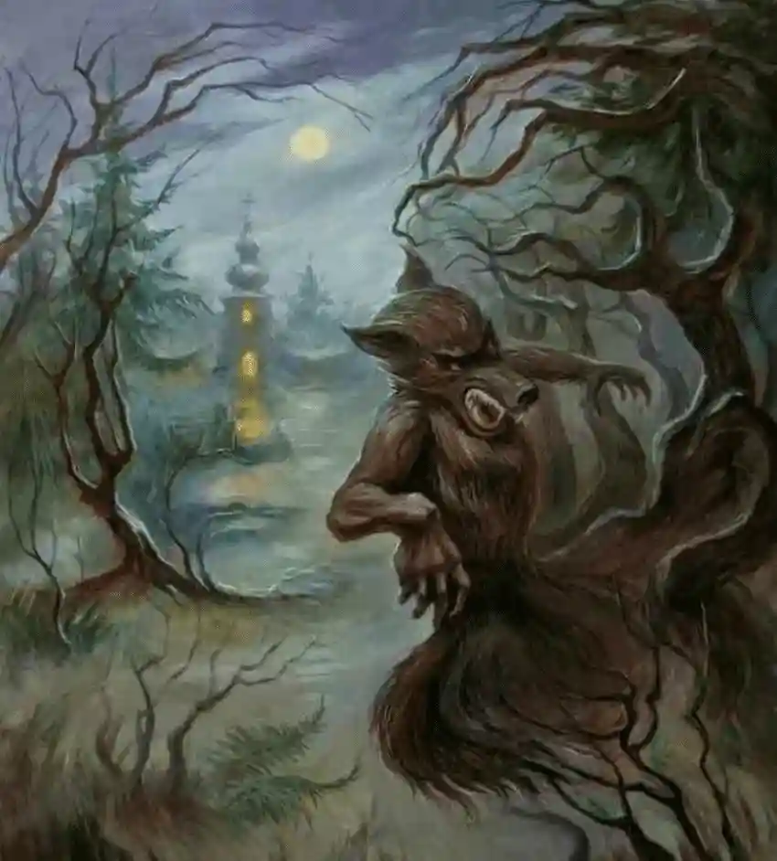 Complex illusion of a wolf and village forming a face