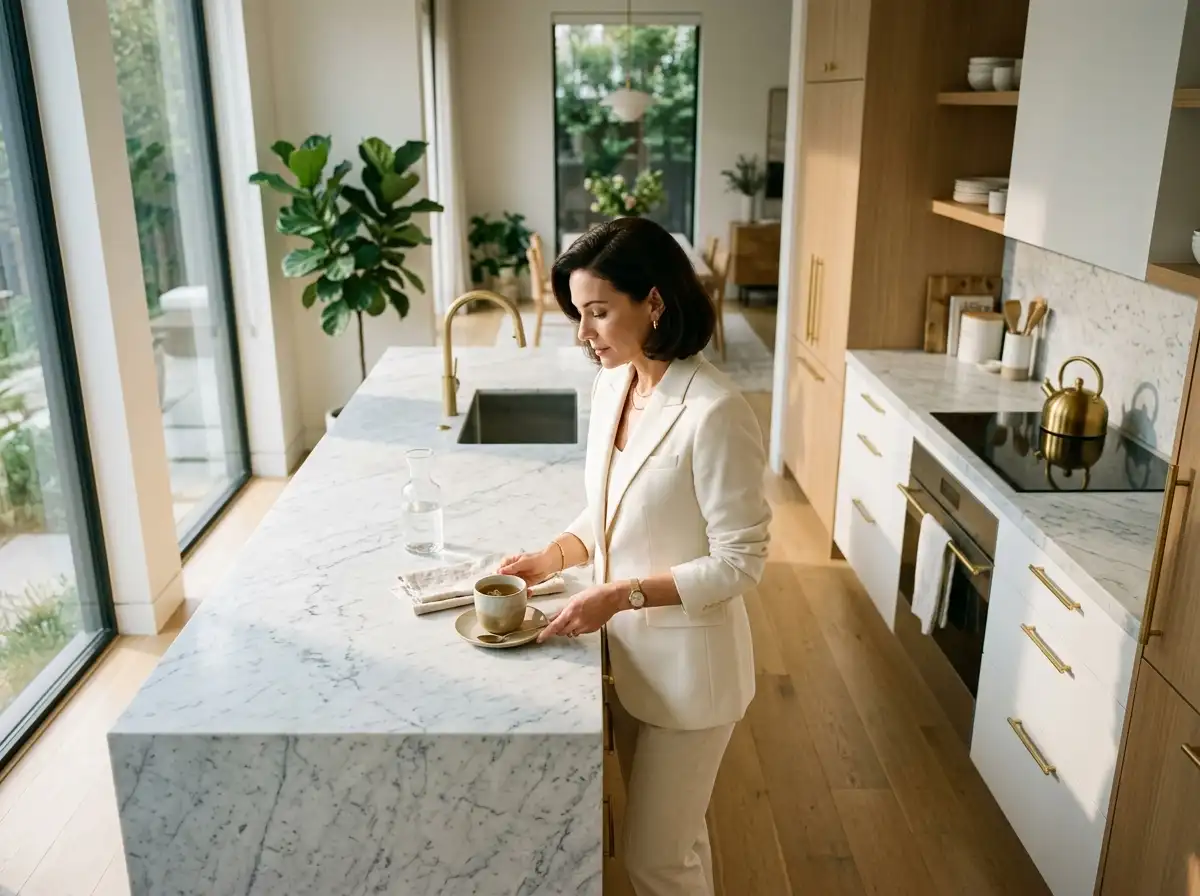 Lucia sitting in her kitchen at dawn looking determined