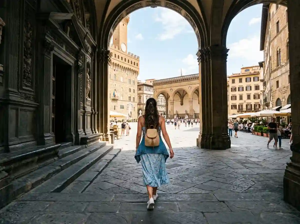 Lucia walking out of the hearing building into the bright sunlight