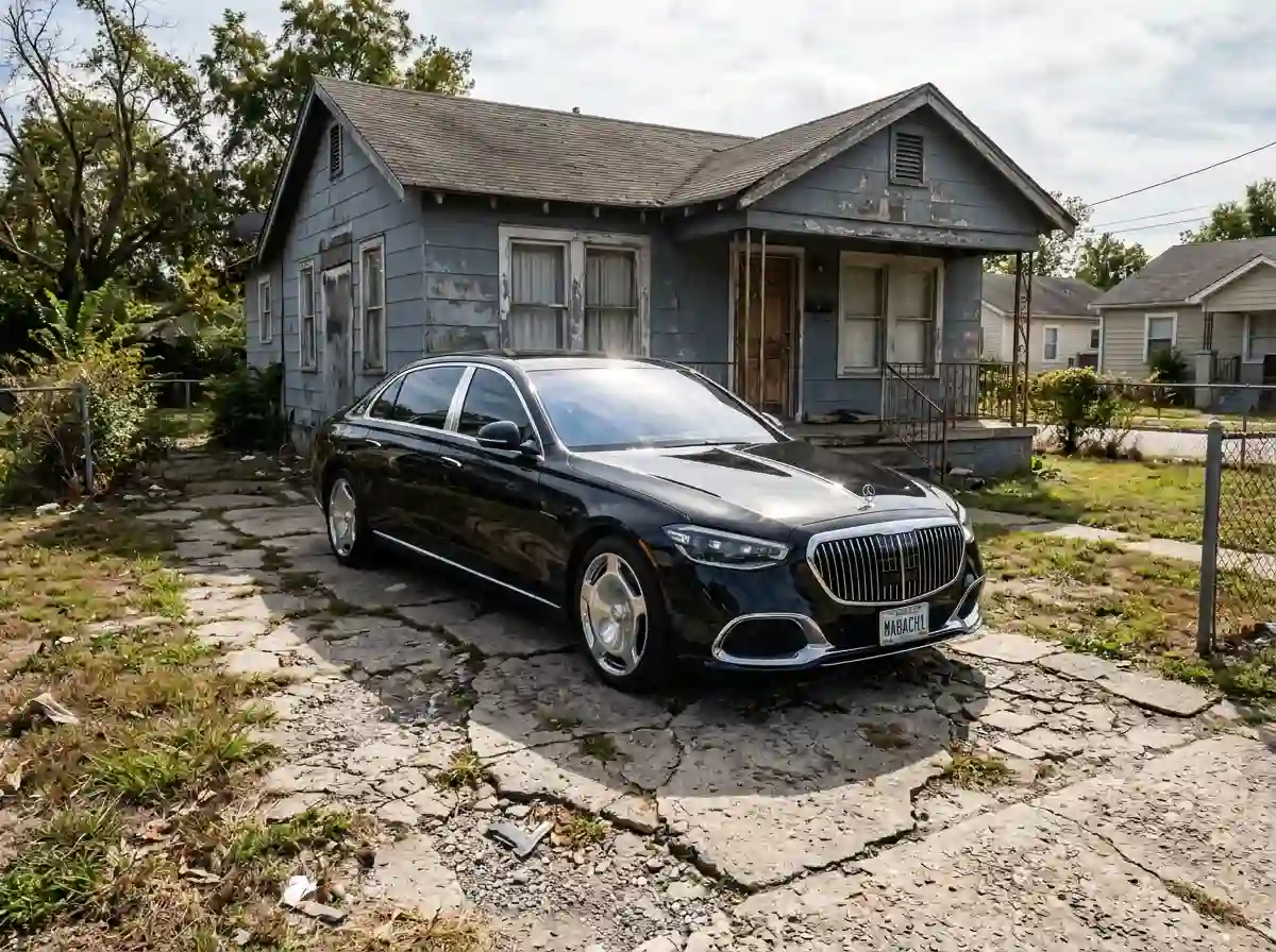 A luxury car parked in front of a small, aging house