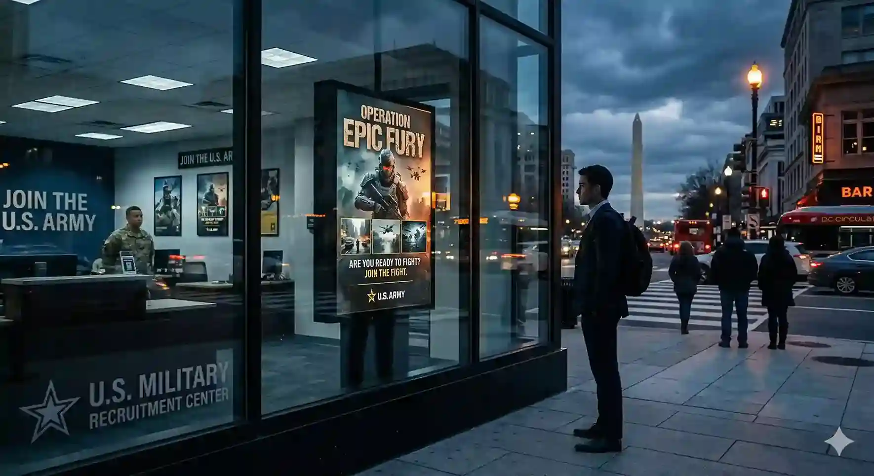 A reflection of a tall man looking at a military operation poster