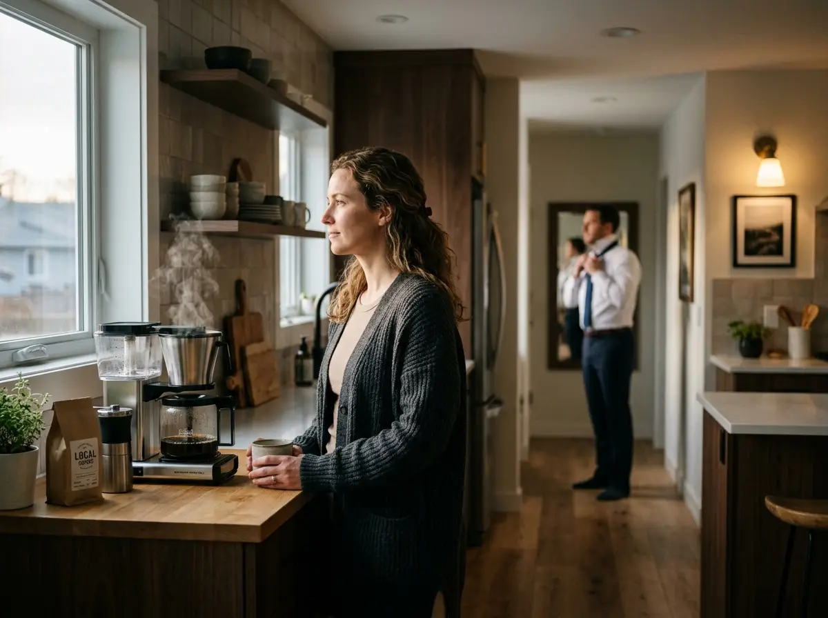 A woman stands thoughtfully in a morning kitchen while a man adjusts his tie in the background.