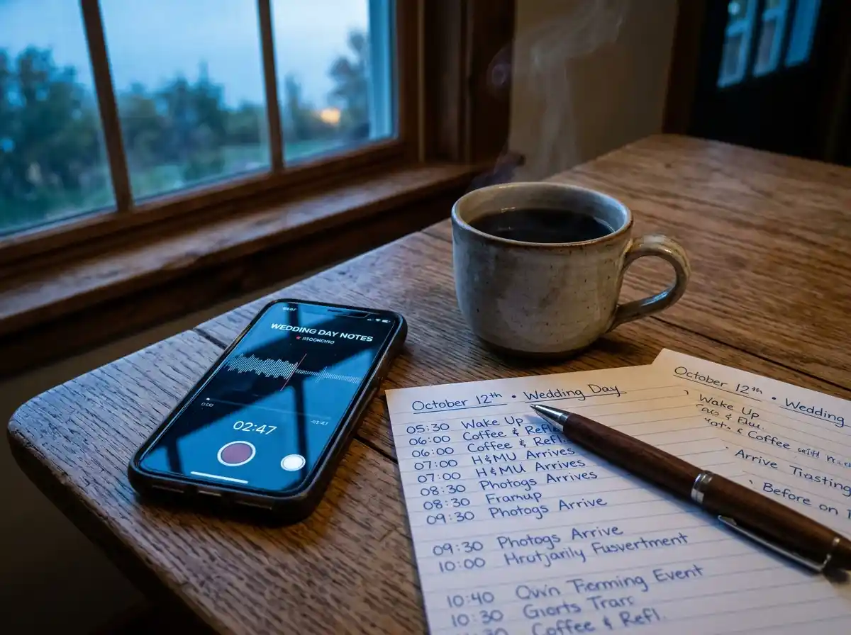 A smartphone recording app on a wooden table next to a cup of coffee and wedding notes.