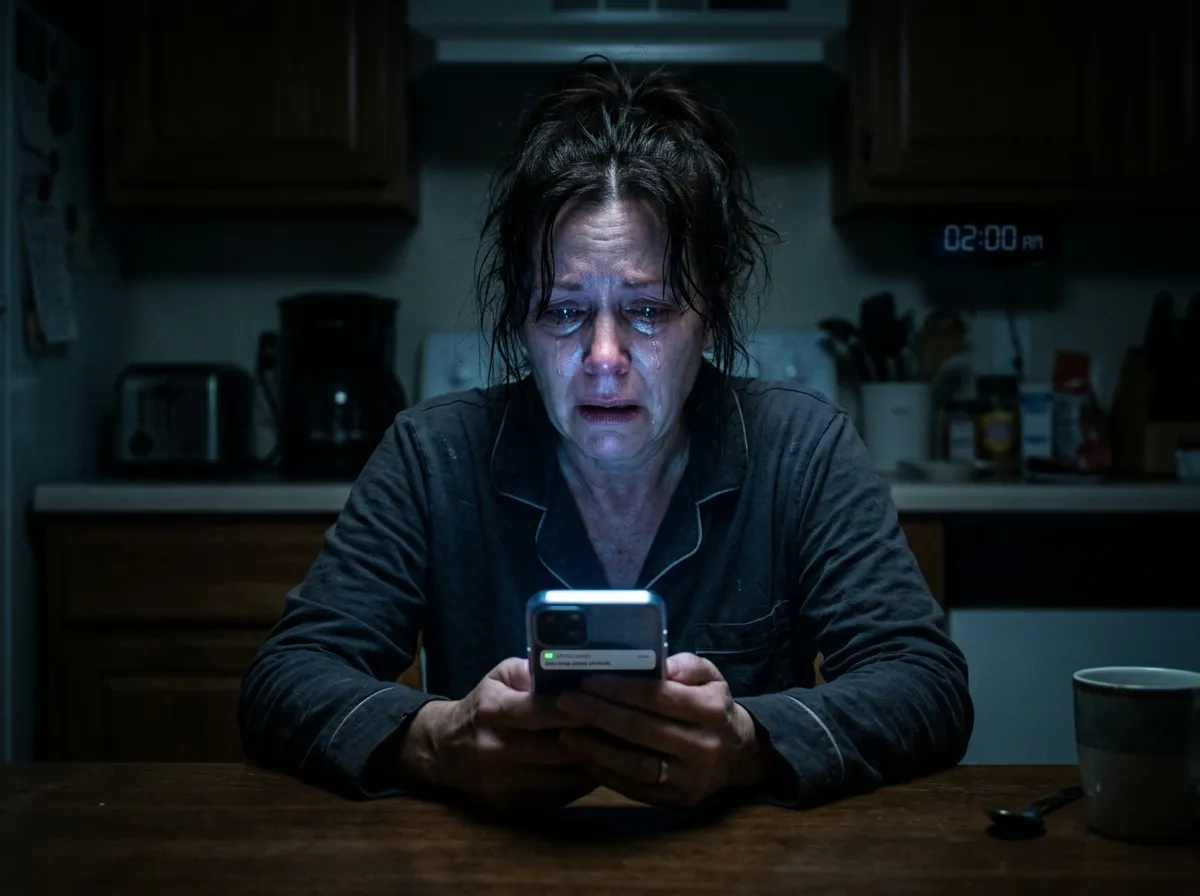 Laura looking at her phone in the dark with a shocked expression