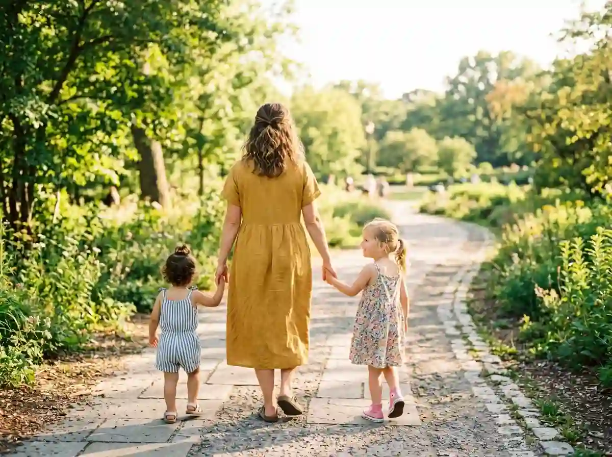 A mother walking confidently holding hands with her two young daughters