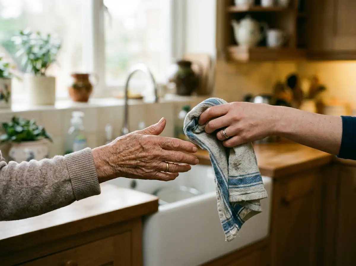 Older woman taking a dish towel to help