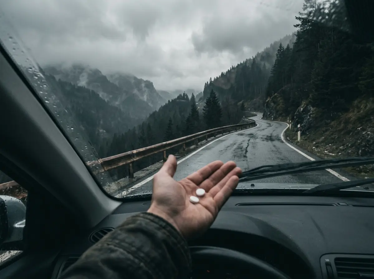 A view from a car on a wet mountain road with someone offering pills