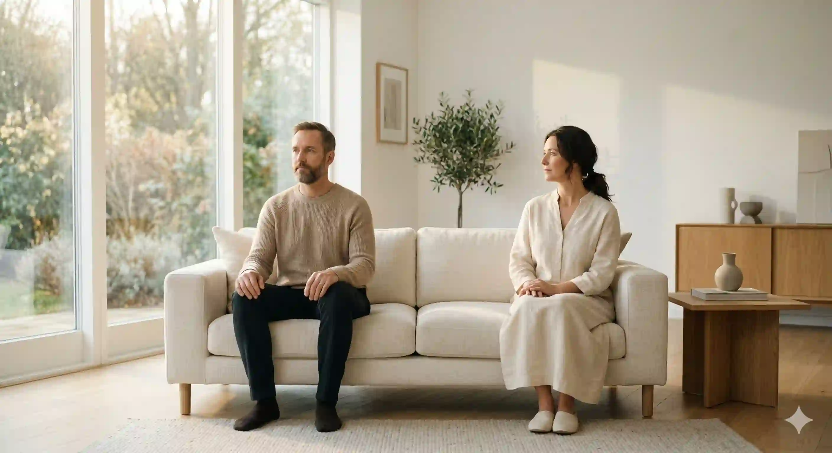 A couple sitting on a sofa in a peaceful, sunlit room