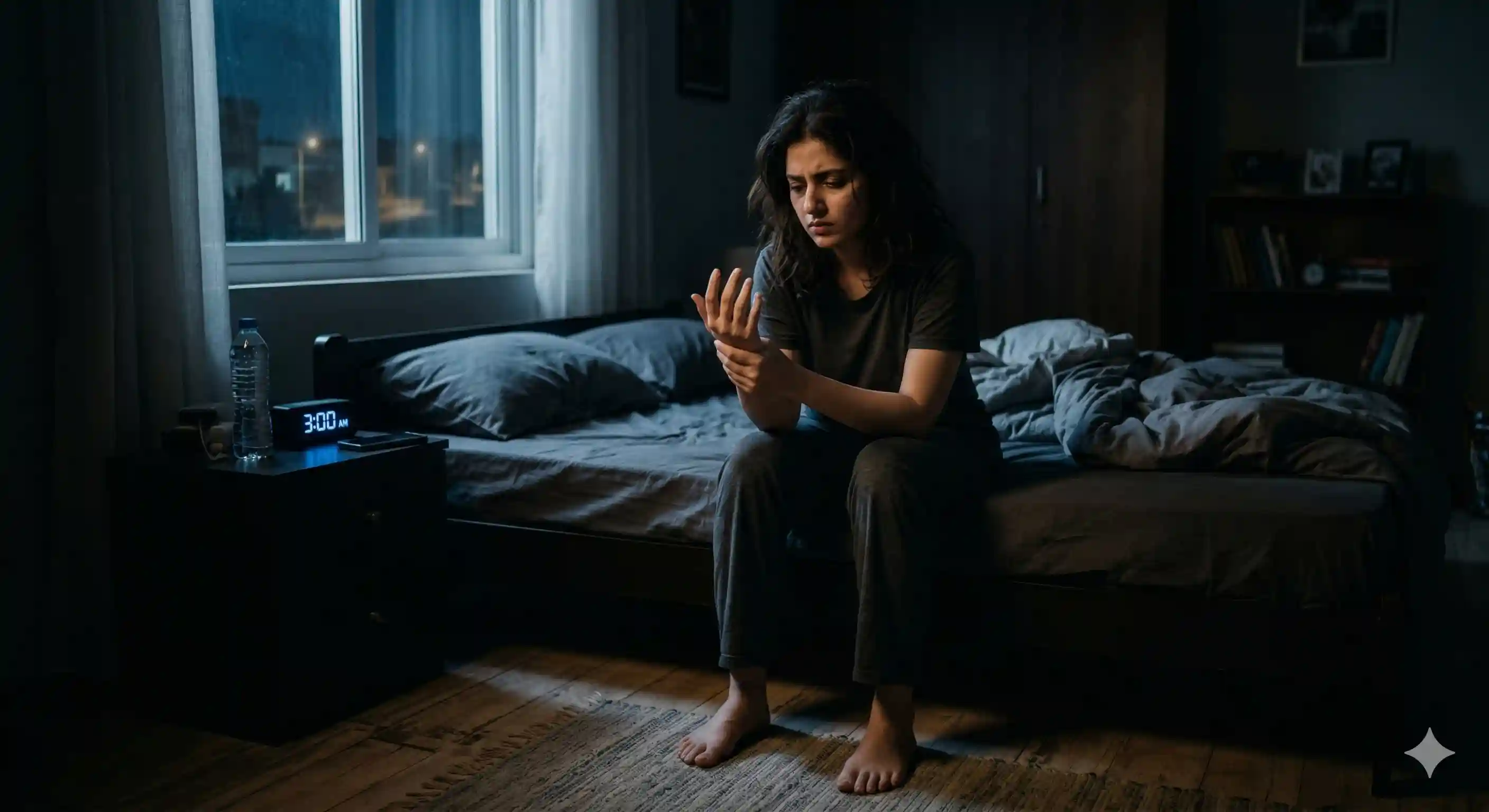 A person shaking their hand at night due to carpal tunnel pain