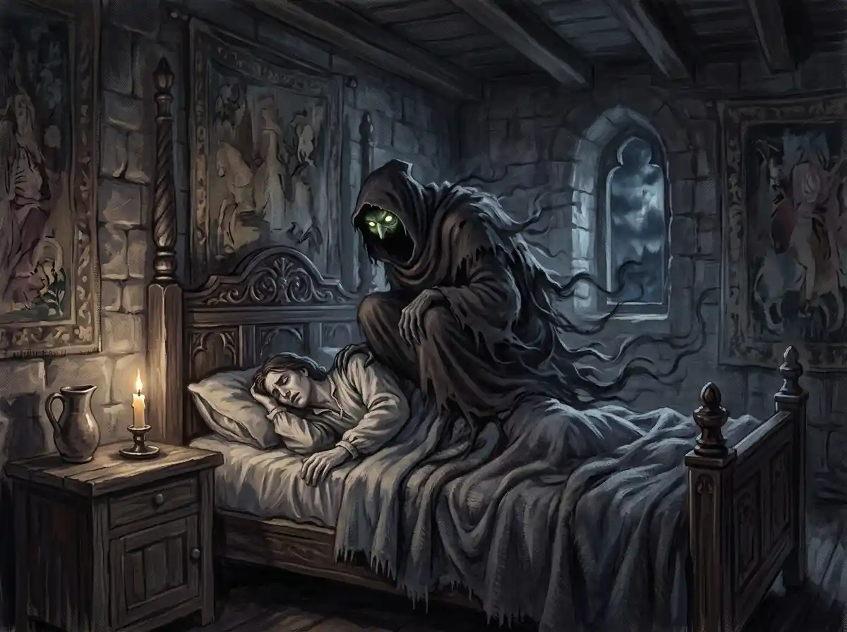 A dark gothic illustration of a night hag sitting on a sleeper's chest