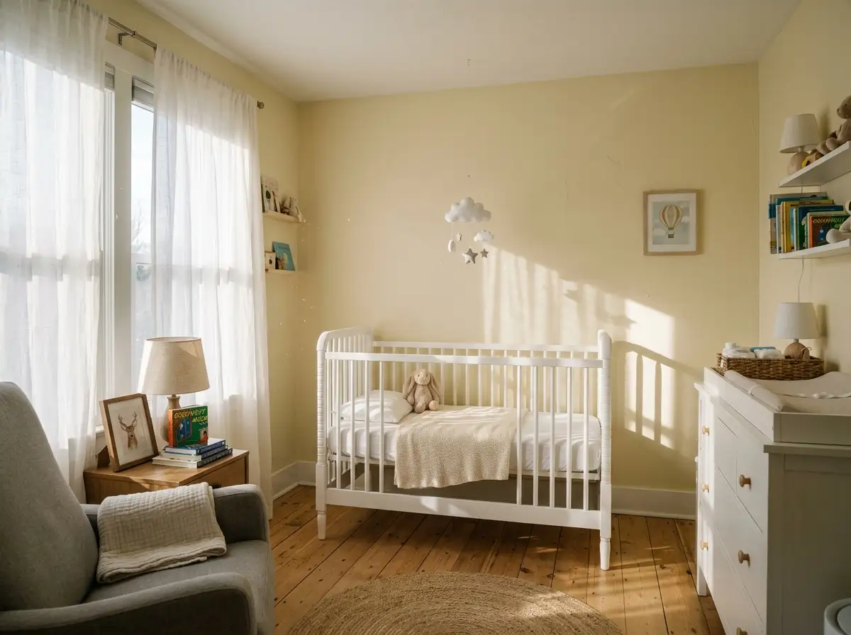 A soft yellow nursery with sunlight hitting an empty white crib
