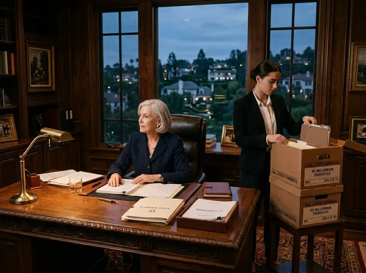 An older woman sitting at an executive desk looking out over a neighborhood at dusk