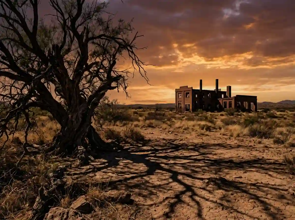 An ancient mesquite tree casting a long shadow at sunset near an abandoned factory.