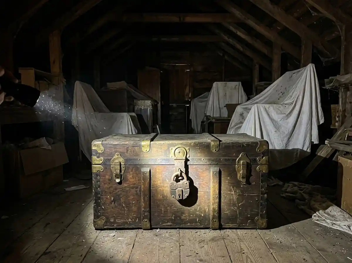 Antique oak trunk with a heavy lock in a dusty attic