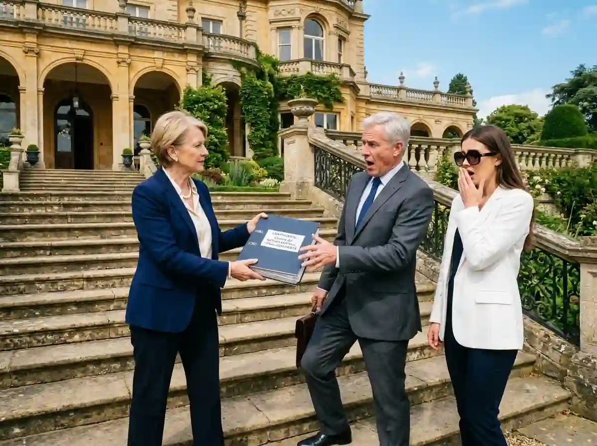 A tense outdoor confrontation where an older woman hands a legal binder to a shocked businessman