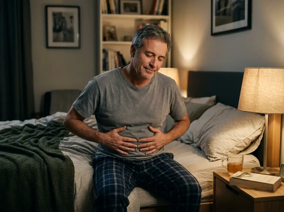 Person leaning forward to relieve abdominal pain