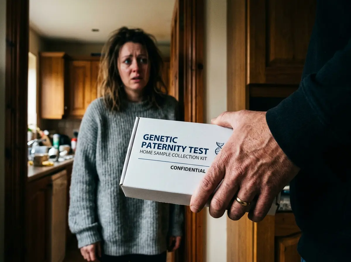 A man holding a paternity test box toward a shocked woman in a kitchen