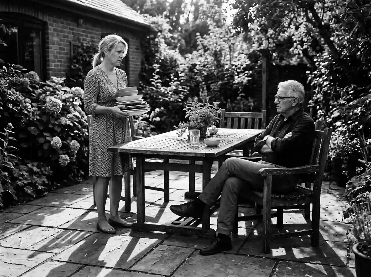 Tense confrontation at a patio table between a father and daughter
