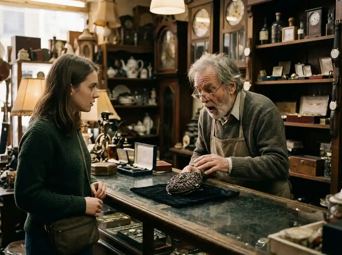 A shocked pawn shop dealer looking down at a necklace on a glass counter