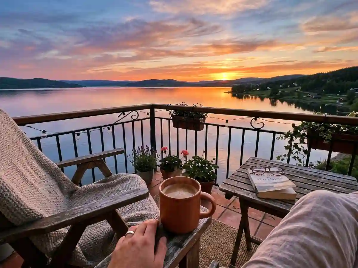 A peaceful view from a balcony overlooking the water at sunset.