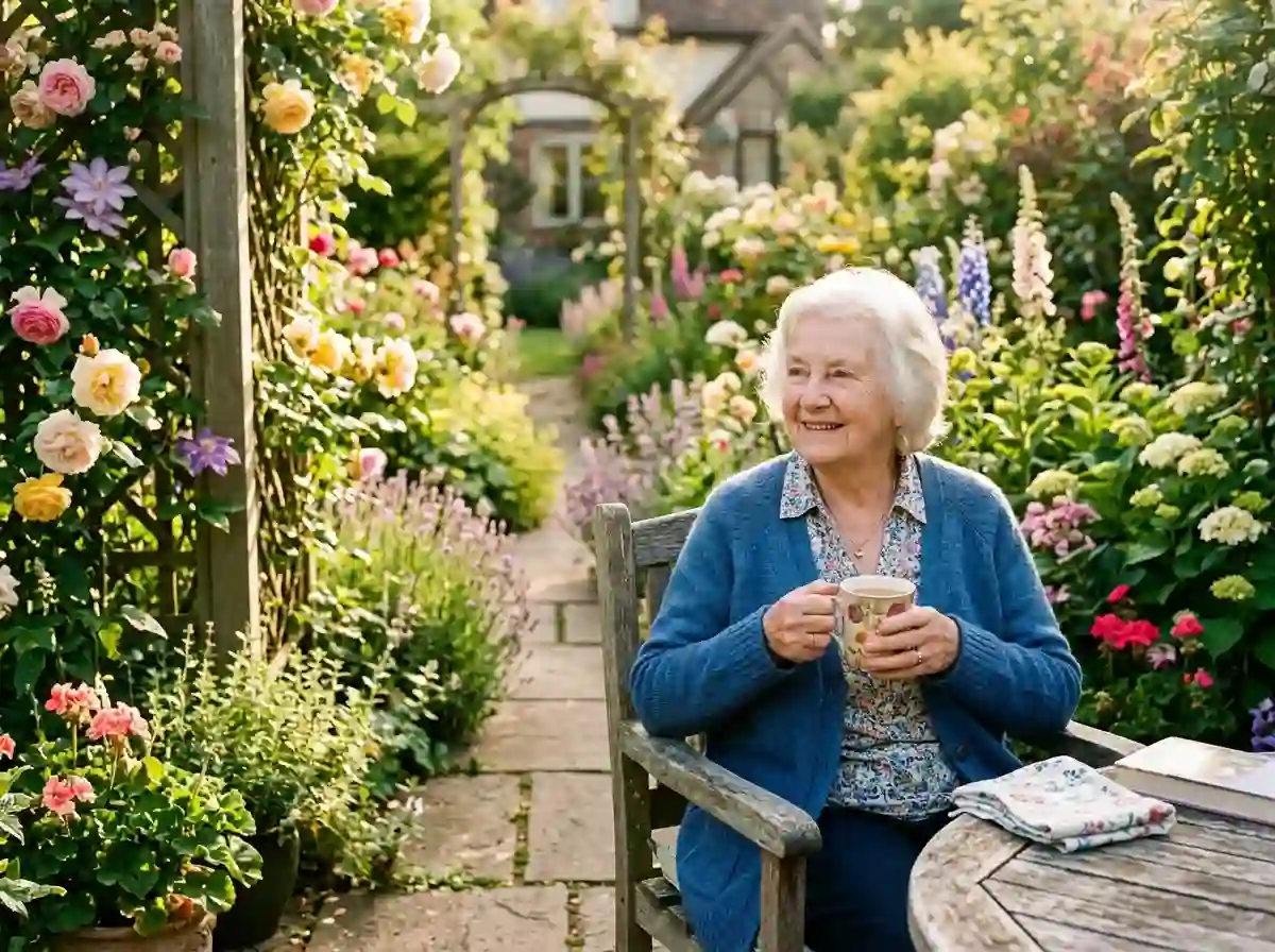 Elderly woman sitting peacefully in a sunlit garden enjoying a cup of tea