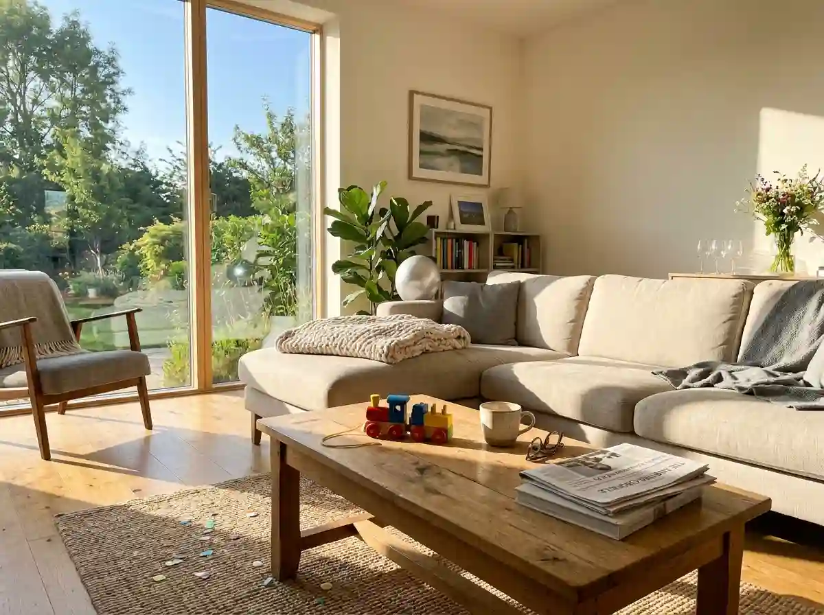A sunlit, quiet living room the morning after a storm