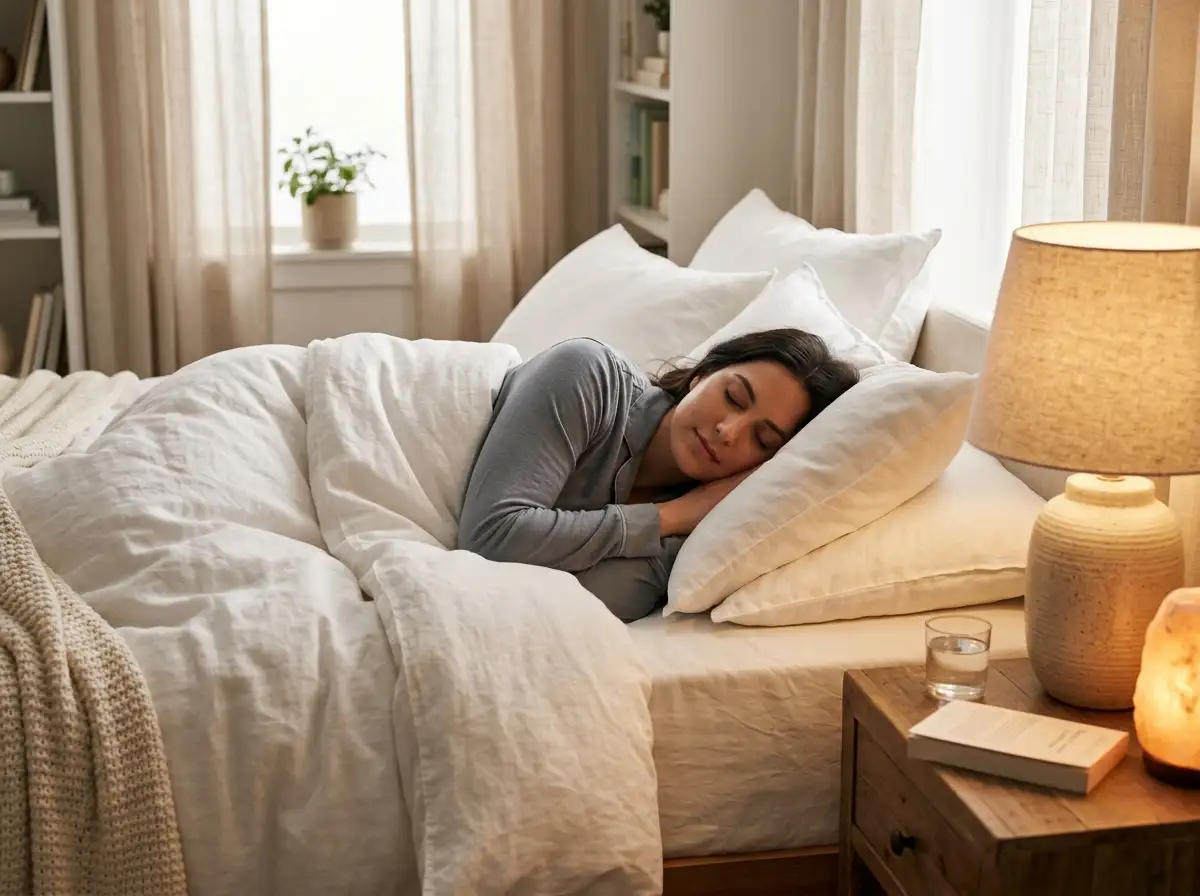 A person sleeping peacefully in a comfortable bed, representing deep sleep stages.
