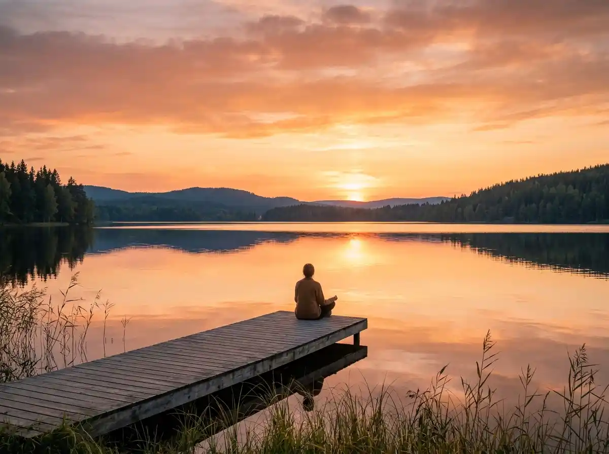 A tranquil lake reflecting a warm, glowing sunset