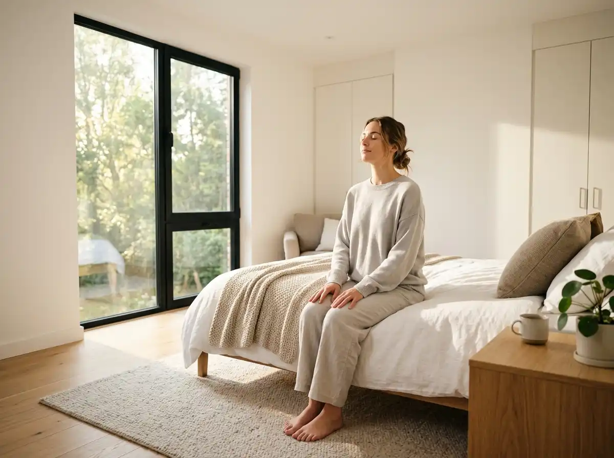 A person sitting on a bed in a bright room looking relieved