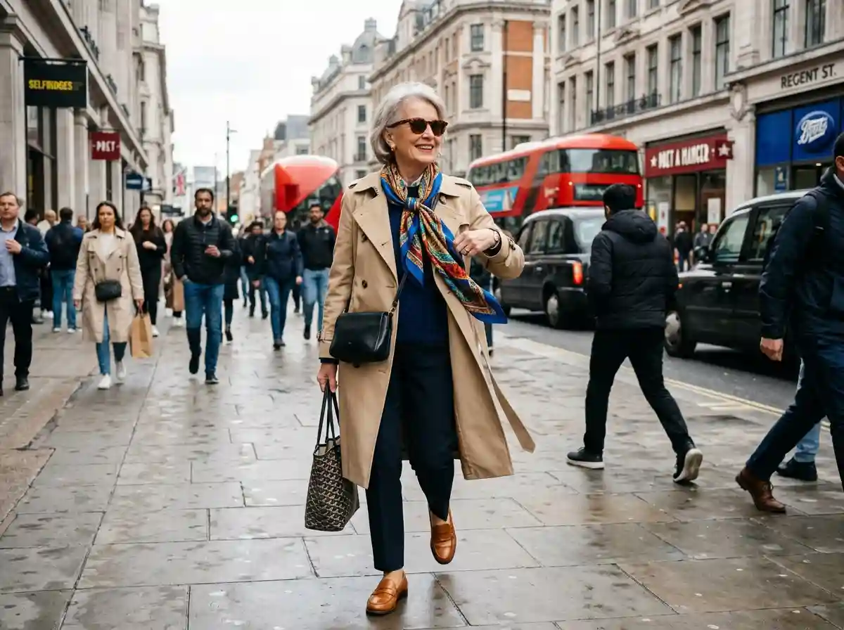 A stylish woman in her 70s walking confidently in a tailored trench coat and silk scarf.