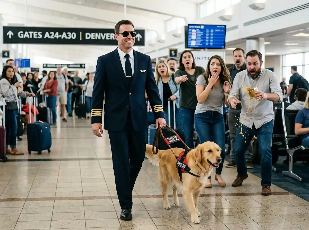 A pilot wearing dark sunglasses walking a guide dog through an airport terminal while passengers panic