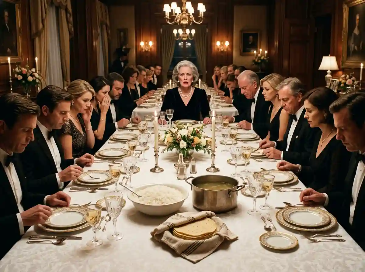 A lavish dining table set with only plain rice, broth, and tortillas, while guests look shocked