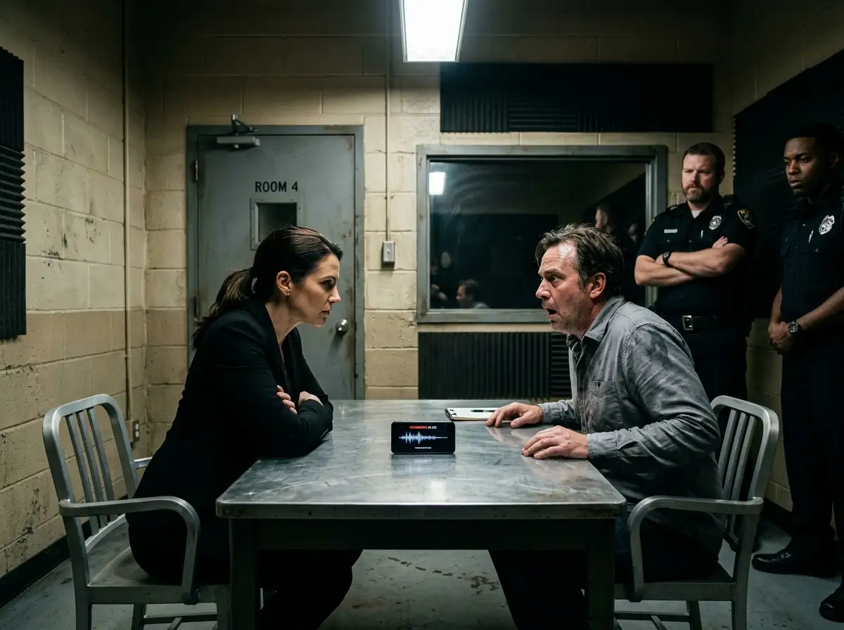 A woman playing a recording on her phone in front of her shocked husband and police