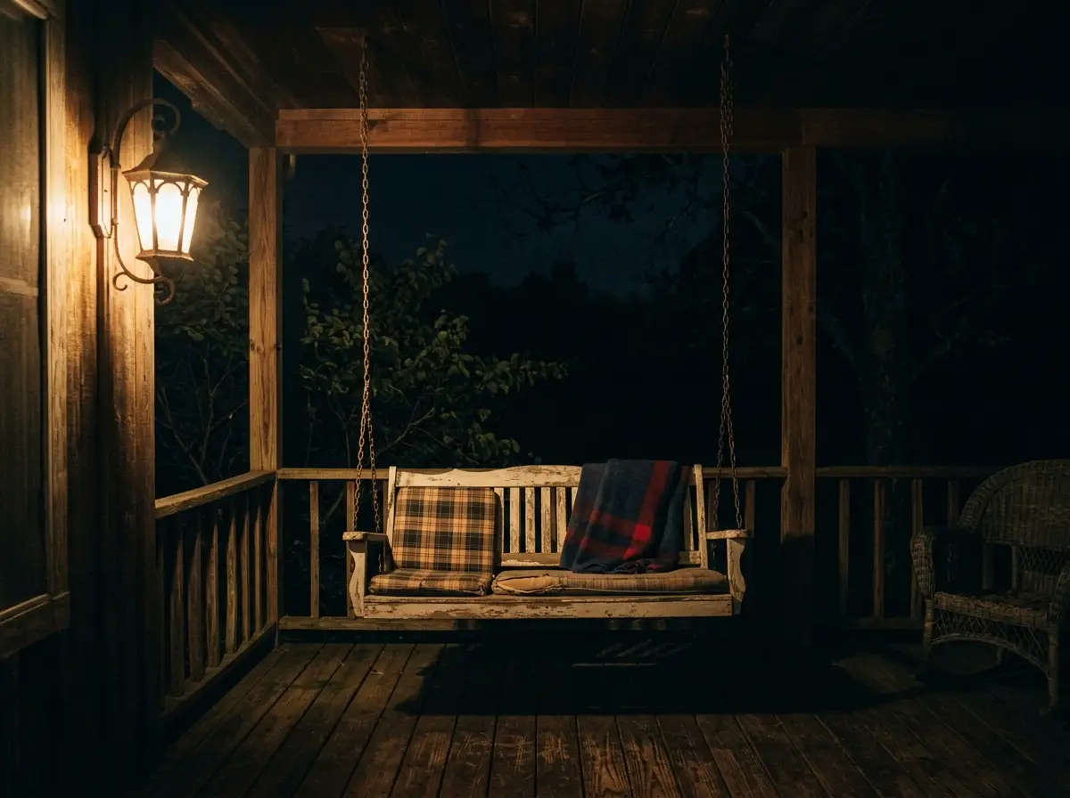 A lonely porch swing at night under a dim yellow light