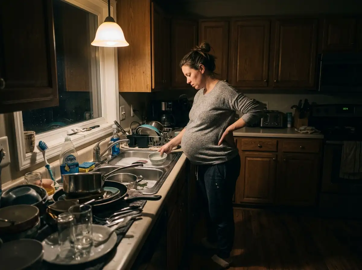 Pregnant woman washing dishes late at night