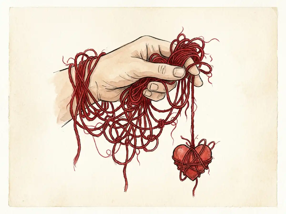 Hand holding puppet strings attached to a heart