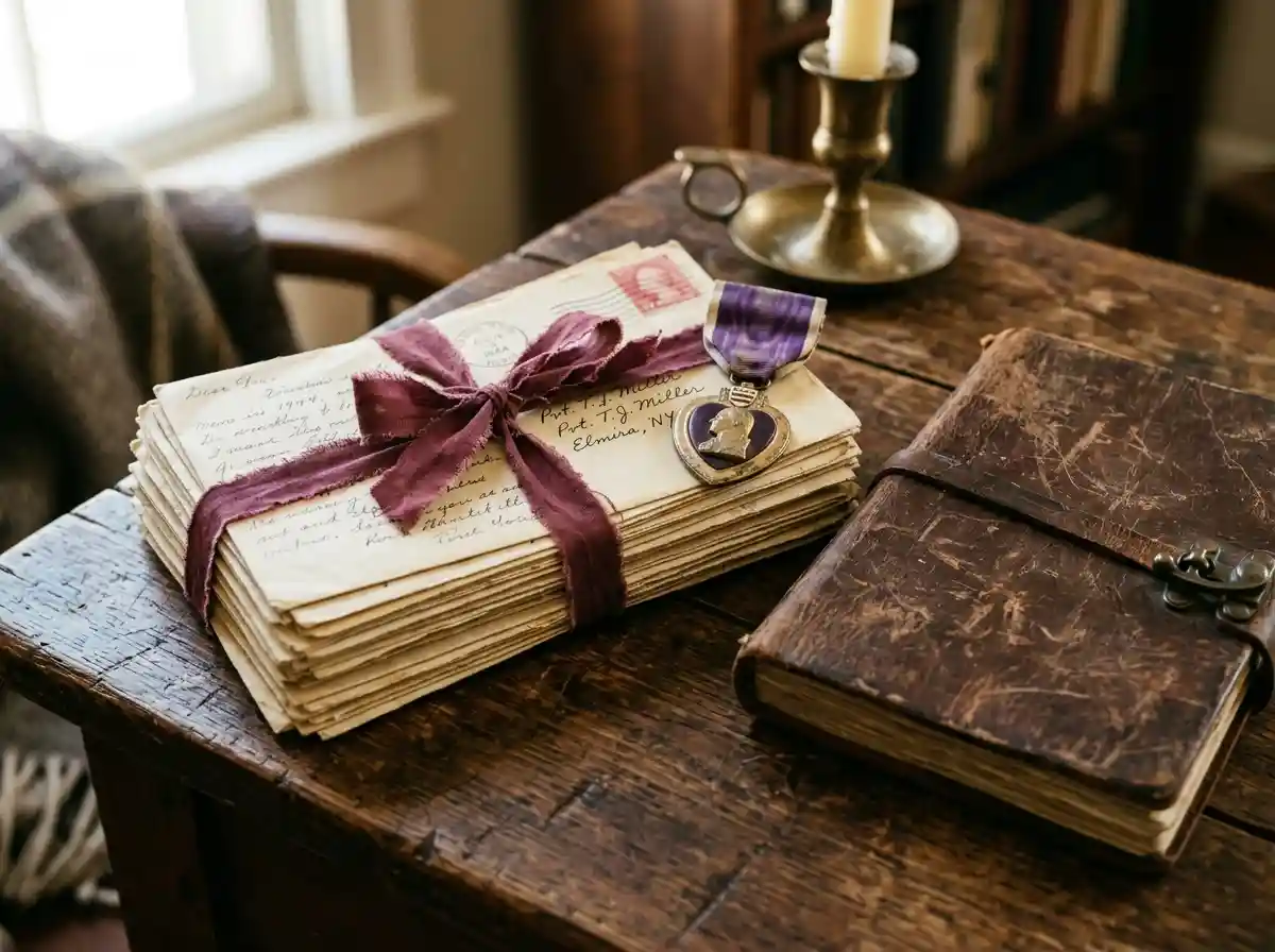 Old letters, a journal, and a Purple Heart medal on a wooden table