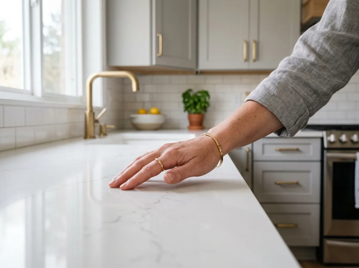 A hand touching a white quartz countertop in a modern kitchen