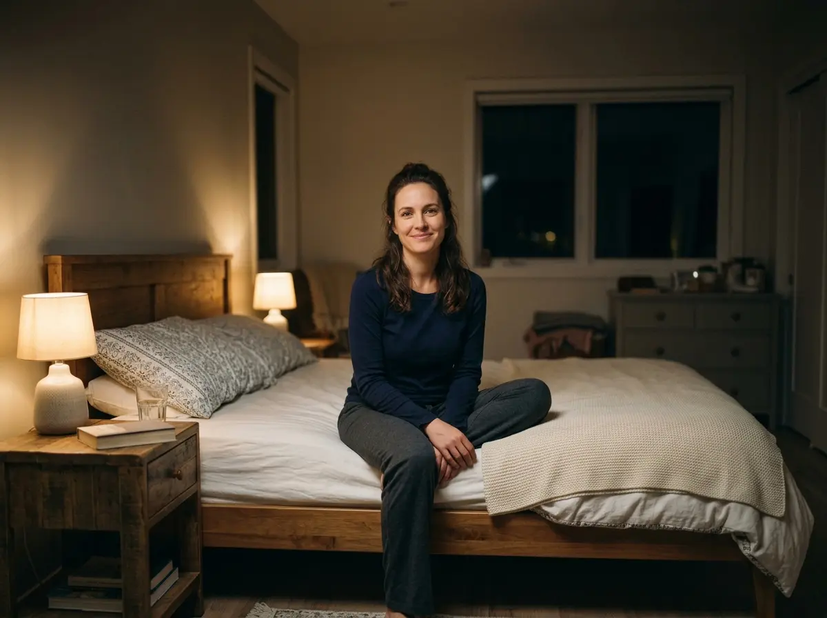 A woman sitting peacefully on the edge of a bed, looking self-assured.