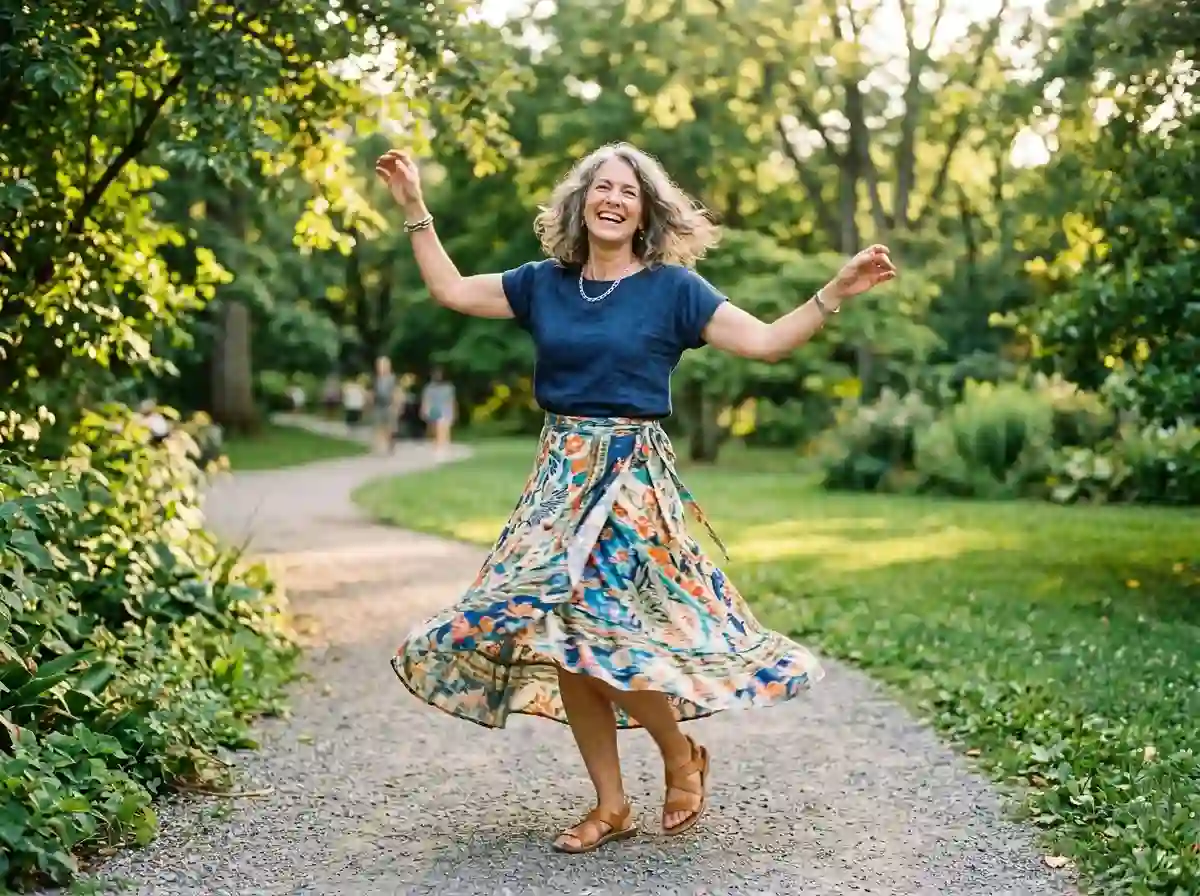 A joyful woman twirling in a beautiful skirt at a park, radiating confidence.