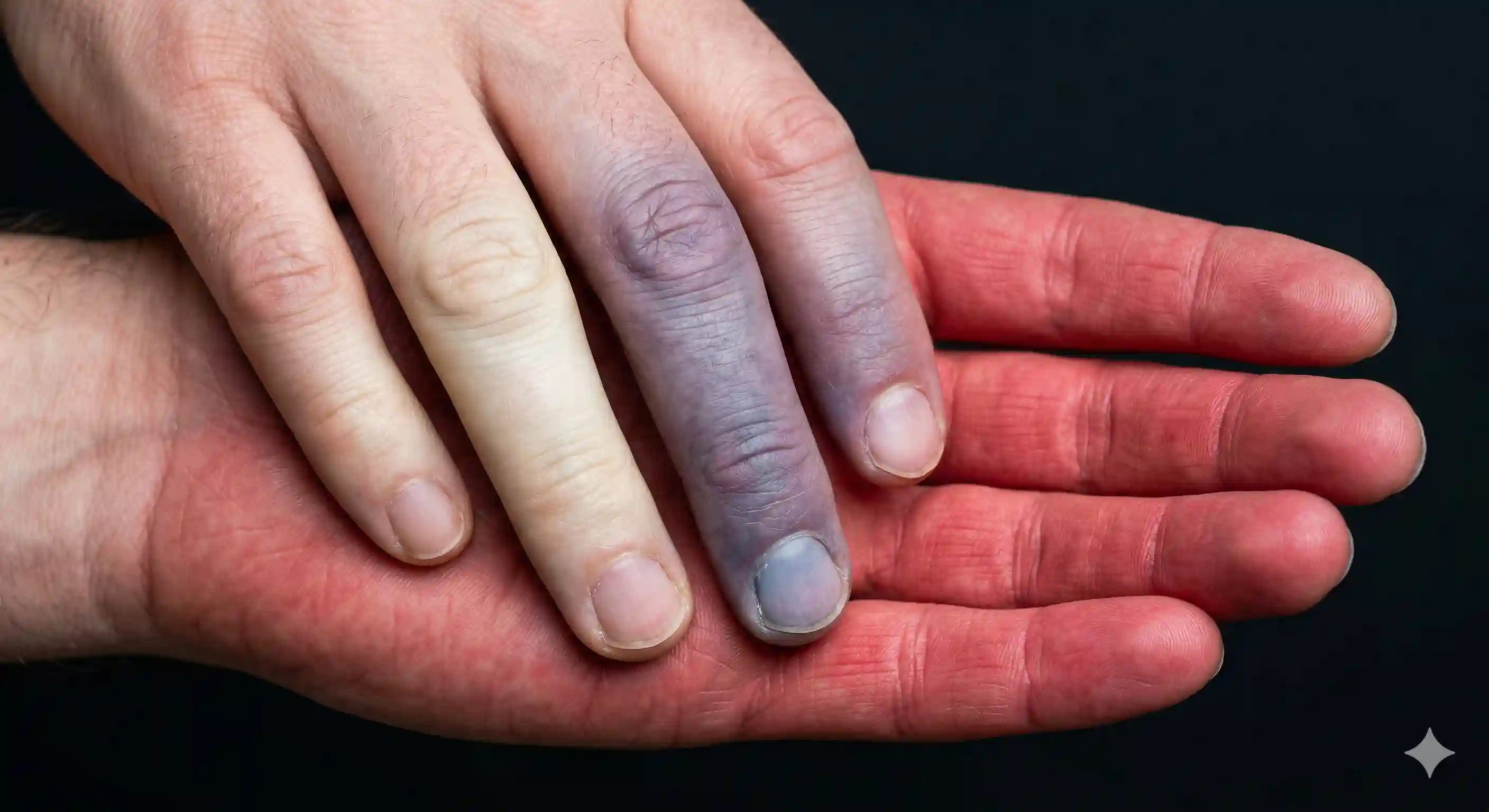 The color stages of Raynaud's phenomenon on fingers